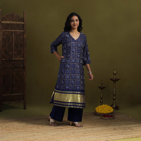 Blue - silk bandhani kurta set with lagdi patta (set of 2)