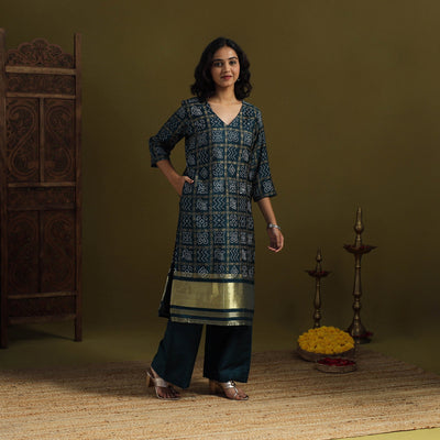 Blue - silk bandhani kurta set with lagdi patta (set of 2)