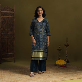 Blue - silk bandhani kurta set with lagdi patta (set of 2)