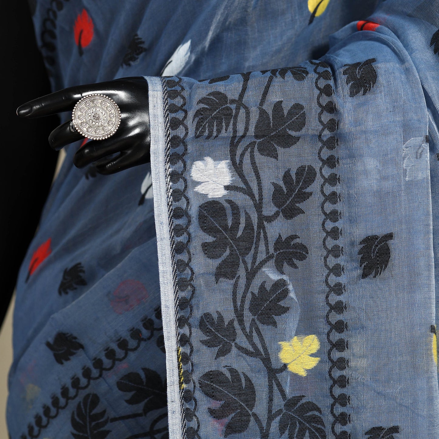 Blue - silk cotton dhakai jamdani saree 02 - handcrafted