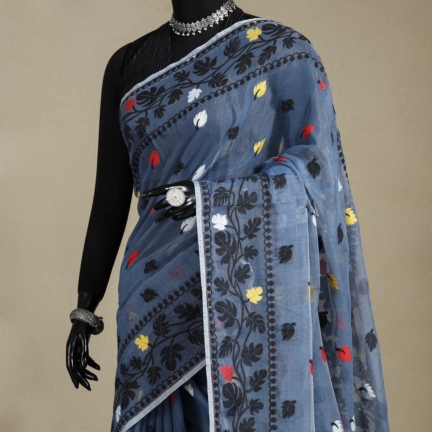 Blue - silk cotton dhakai jamdani saree 02 - handcrafted