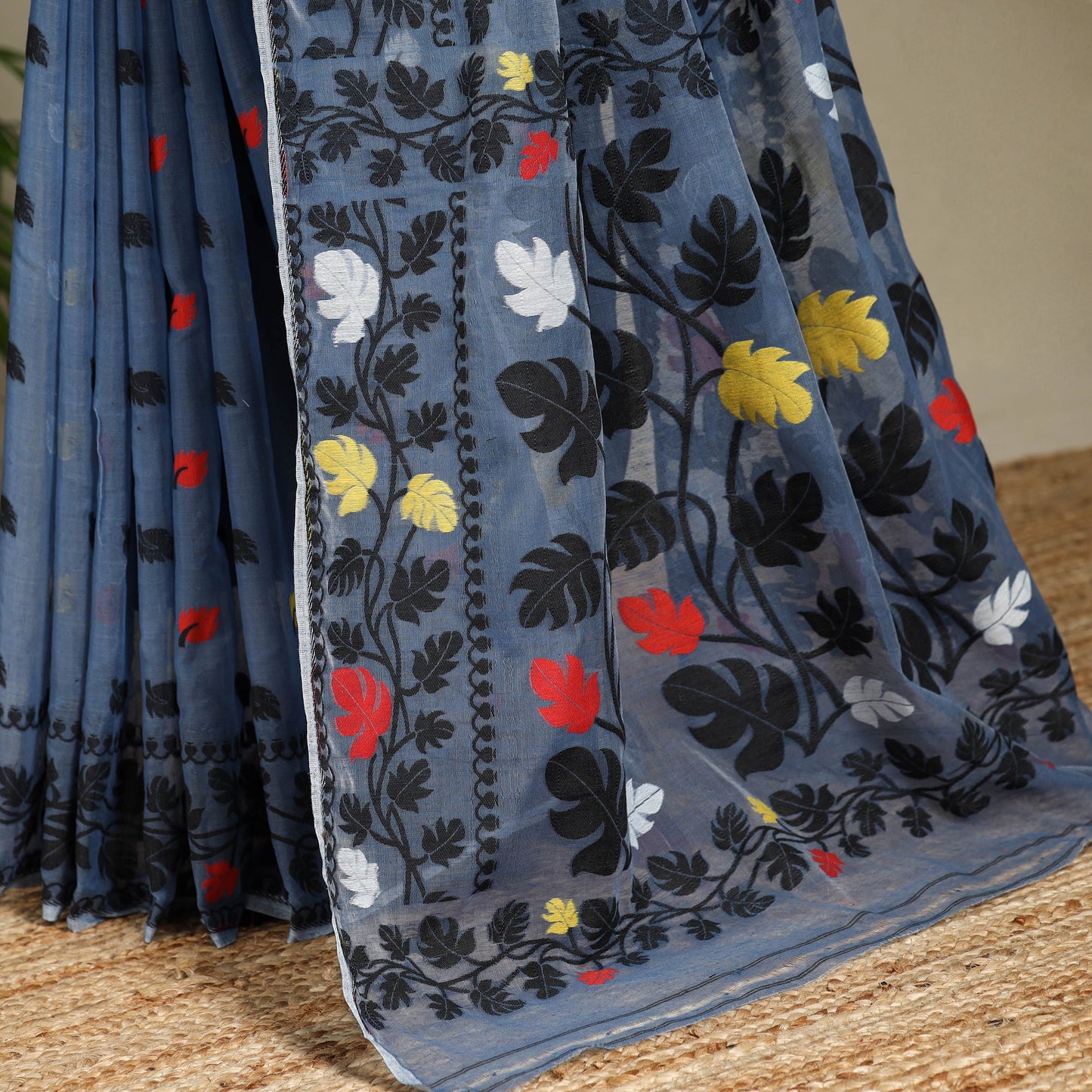 Blue - silk cotton dhakai jamdani saree 02 - handcrafted