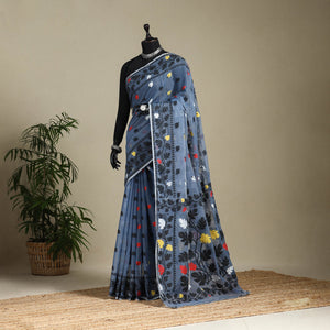 Blue - silk cotton dhakai jamdani saree 02 - handcrafted