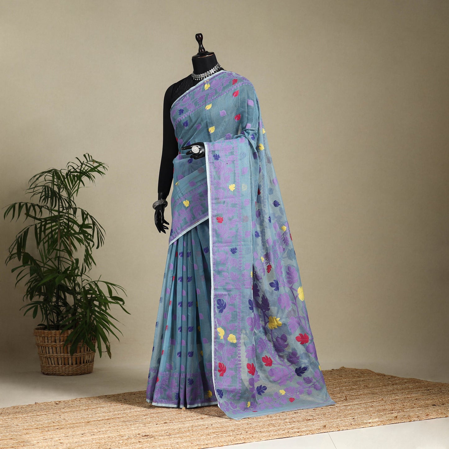 Blue - silk cotton dhakai jamdani saree 05 - handcrafted