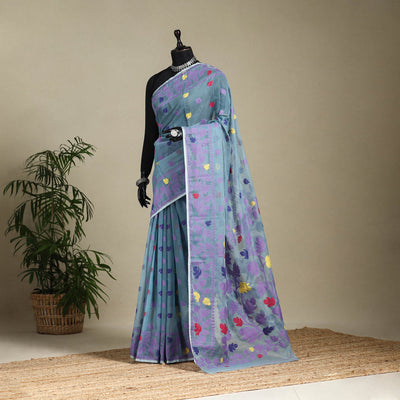 Blue - silk cotton dhakai jamdani saree 05 - handcrafted