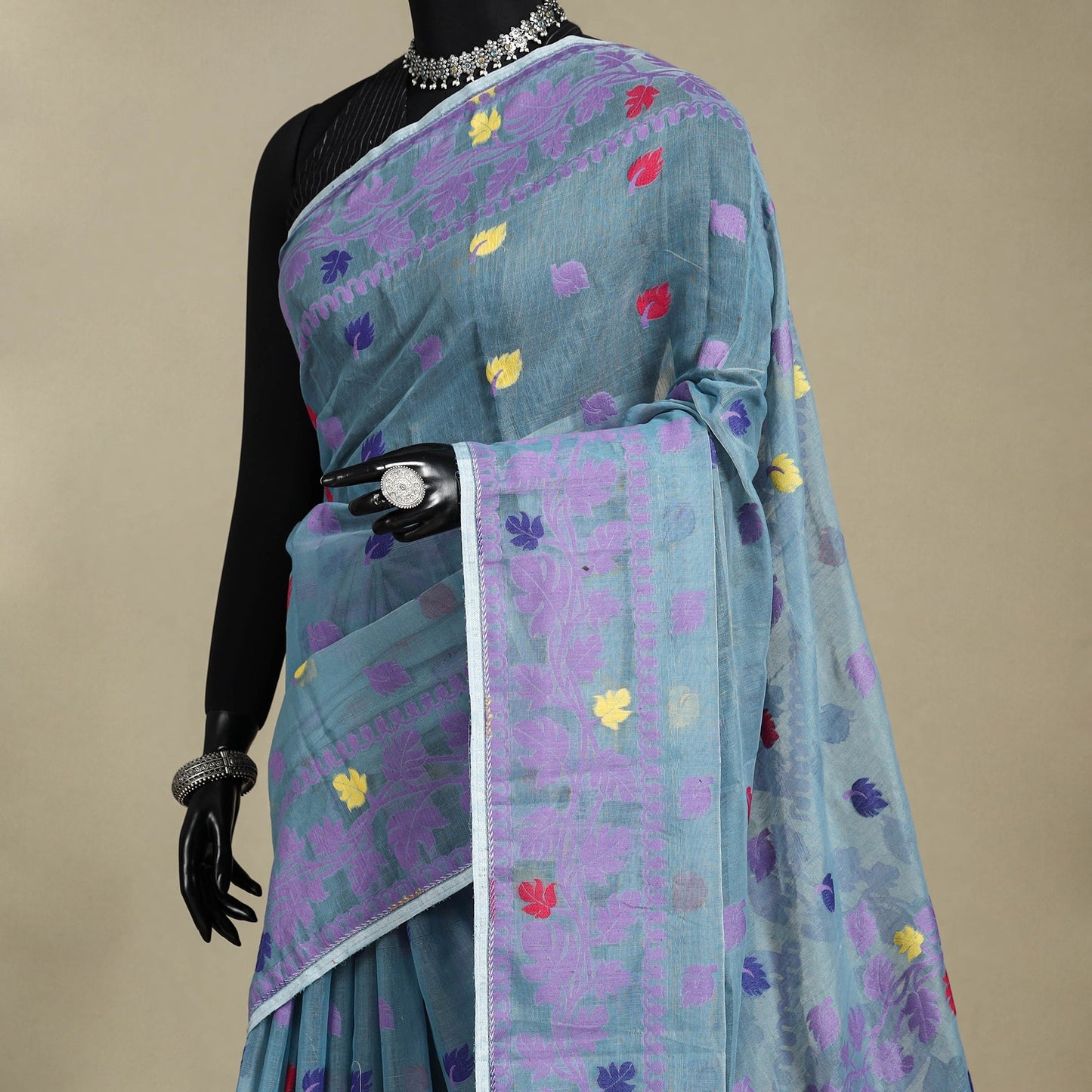 Blue - silk cotton dhakai jamdani saree 05 - handcrafted