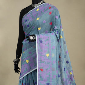 Blue - silk cotton dhakai jamdani saree 05 - handcrafted