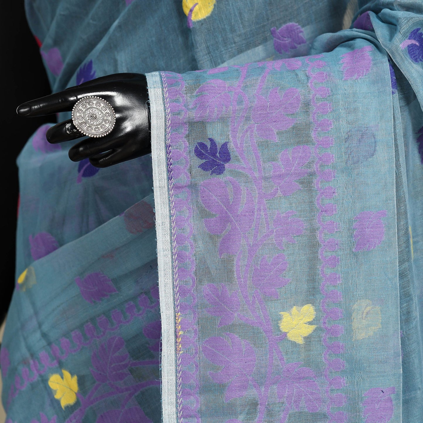 Blue - silk cotton dhakai jamdani saree 05 - handcrafted