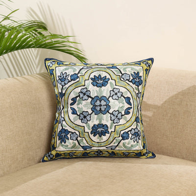 Blue Silk Thread Crewel Embroidery Cushion Cover