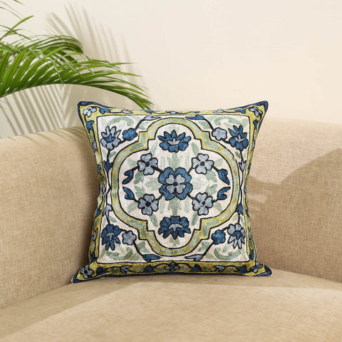 Blue Silk Thread Crewel Embroidery Cushion Cover