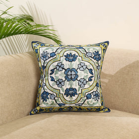 Blue Silk Thread Crewel Embroidery Cushion Cover