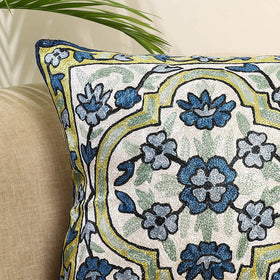 Blue Silk Thread Crewel Embroidery Cushion Cover
