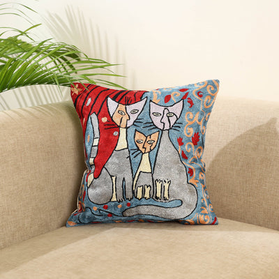 Blue Silk Thread Crewel Embroidery Cushion Cover