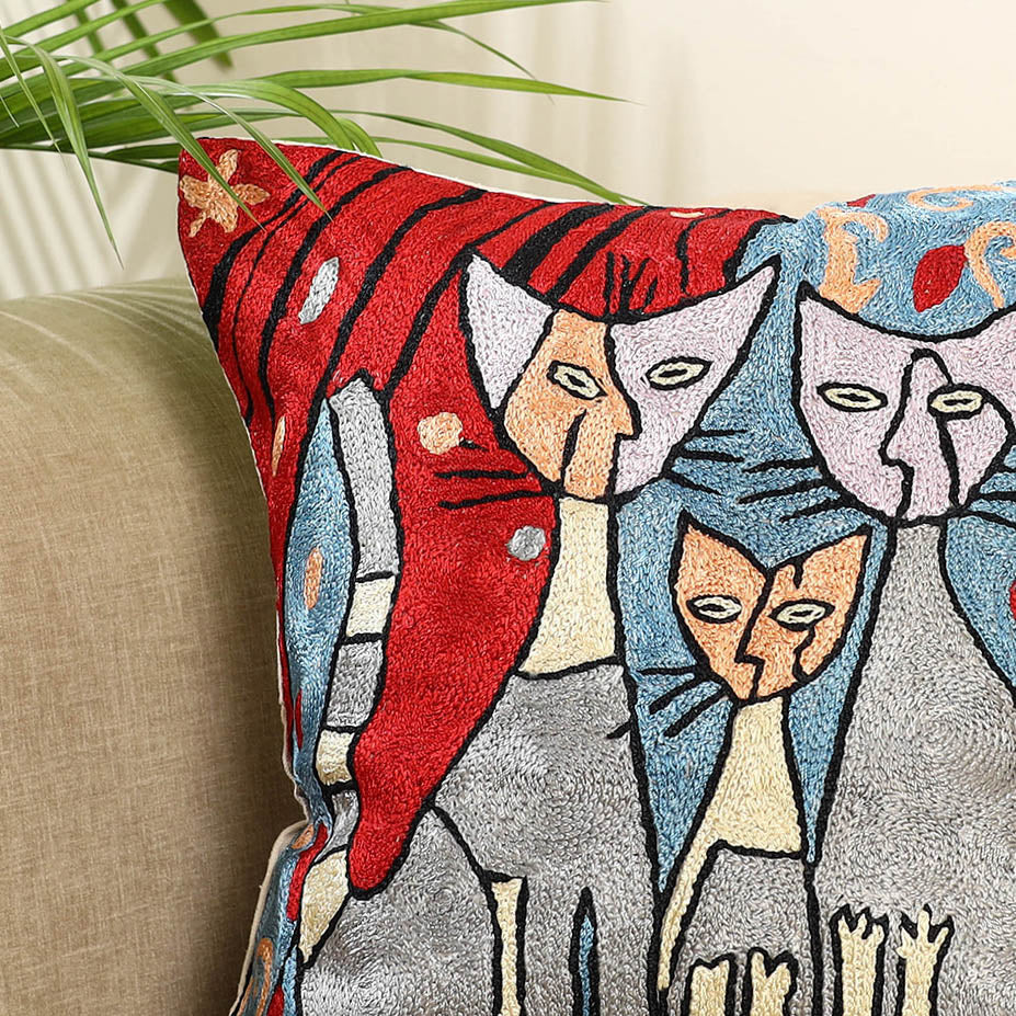 Blue Silk Thread Crewel Embroidery Cushion Cover