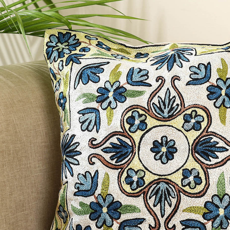 Blue Silk Thread Crewel Embroidery Cushion Cover
