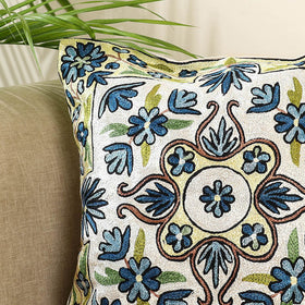 Blue Silk Thread Crewel Embroidery Cushion Cover
