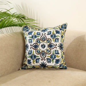 Blue Silk Thread Crewel Embroidery Cushion Cover