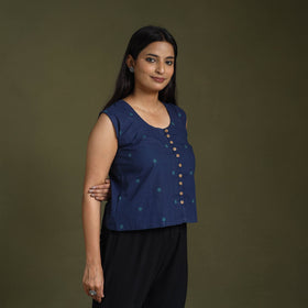  Blue Sleeveless Cotton Jacquard Crop Top