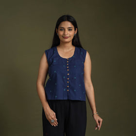  Blue Sleeveless Cotton Jacquard Crop Top