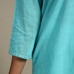 Blue Slub Cotton Straight Plain Kurta with Hand Embroidery