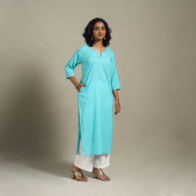 Blue Slub Cotton Straight Plain Kurta with Hand Embroidery