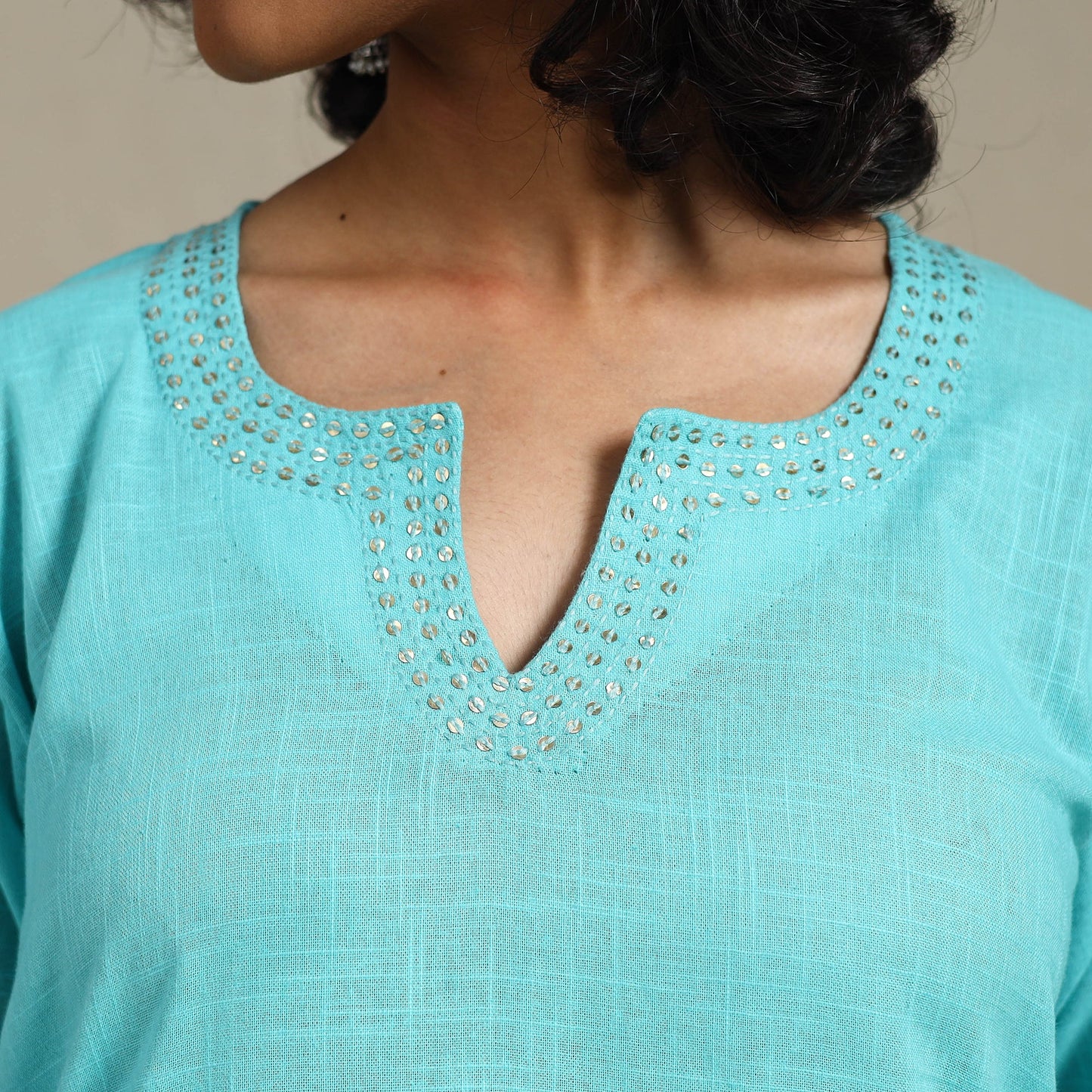 Blue Slub Cotton Straight Plain Kurta with Hand Embroidery