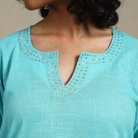 Blue Slub Cotton Straight Plain Kurta with Hand Embroidery