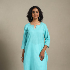 Blue Slub Cotton Straight Plain Kurta with Hand Embroidery