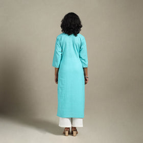 Blue Slub Cotton Straight Plain Kurta with Hand Embroidery