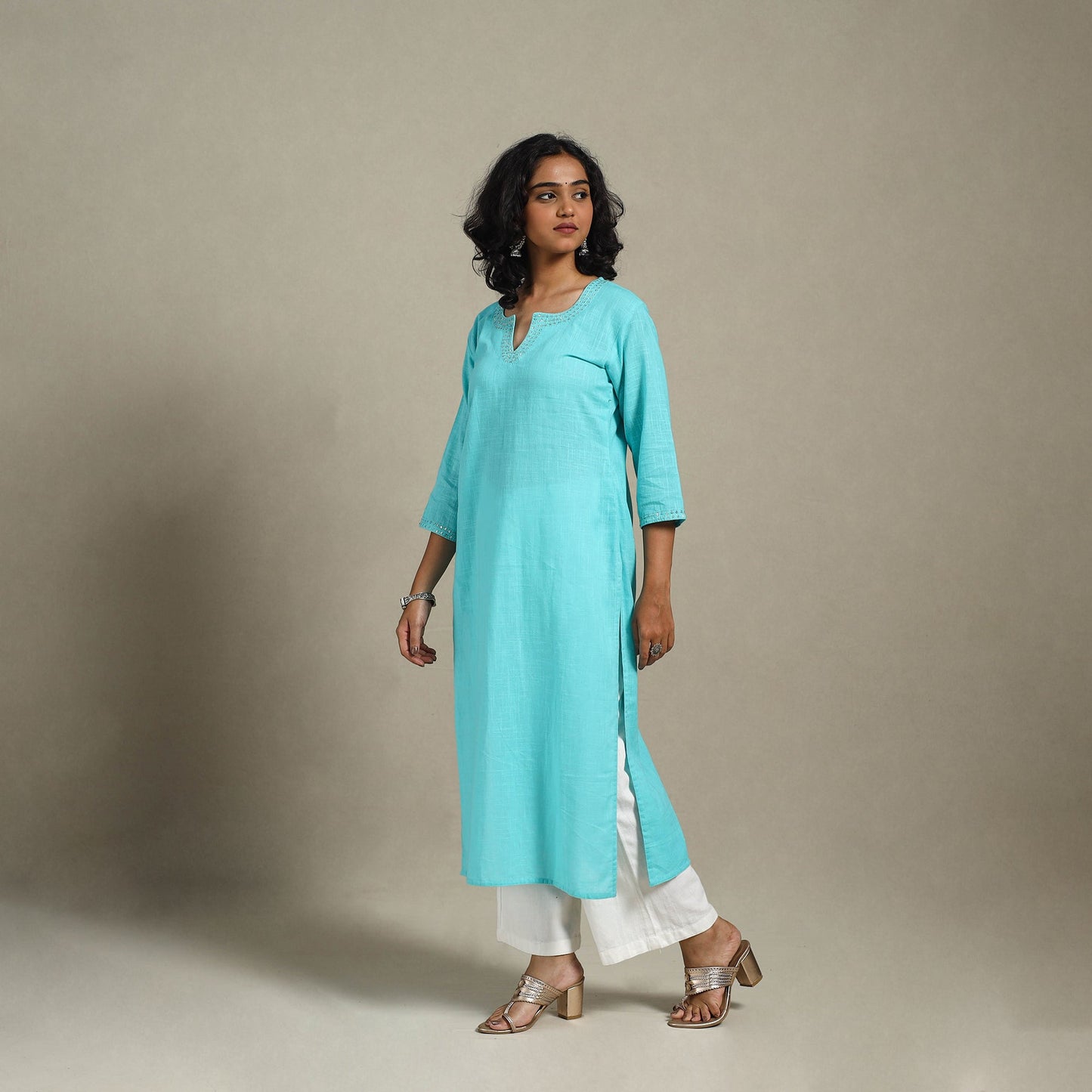 Blue Slub Cotton Straight Plain Kurta with Hand Embroidery