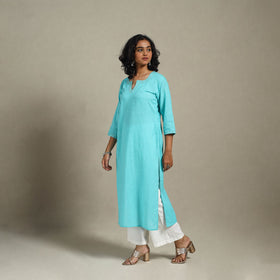 Blue Slub Cotton Straight Plain Kurta with Hand Embroidery