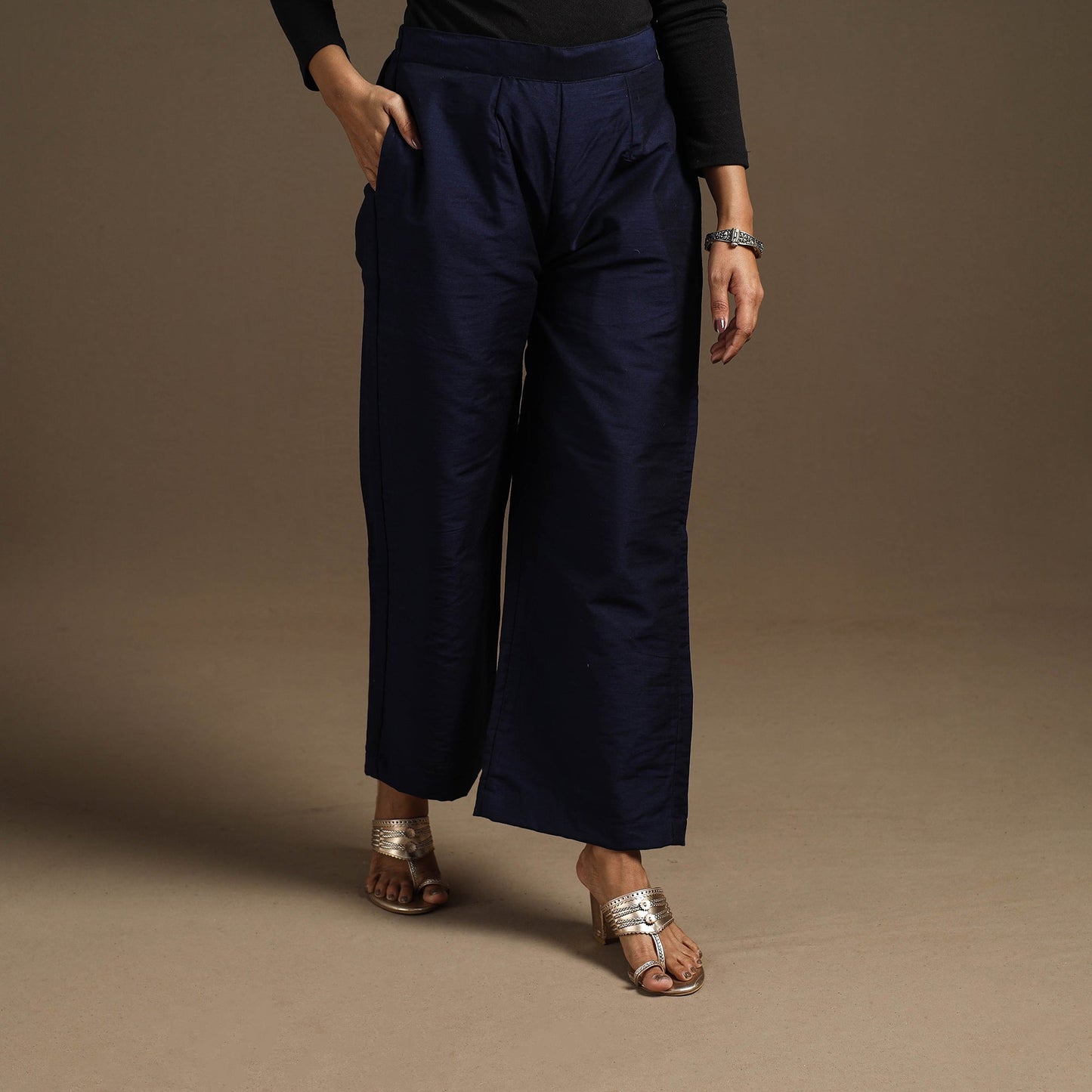 Blue - slub silk elasticated plain palazzo 08 - handcrafted