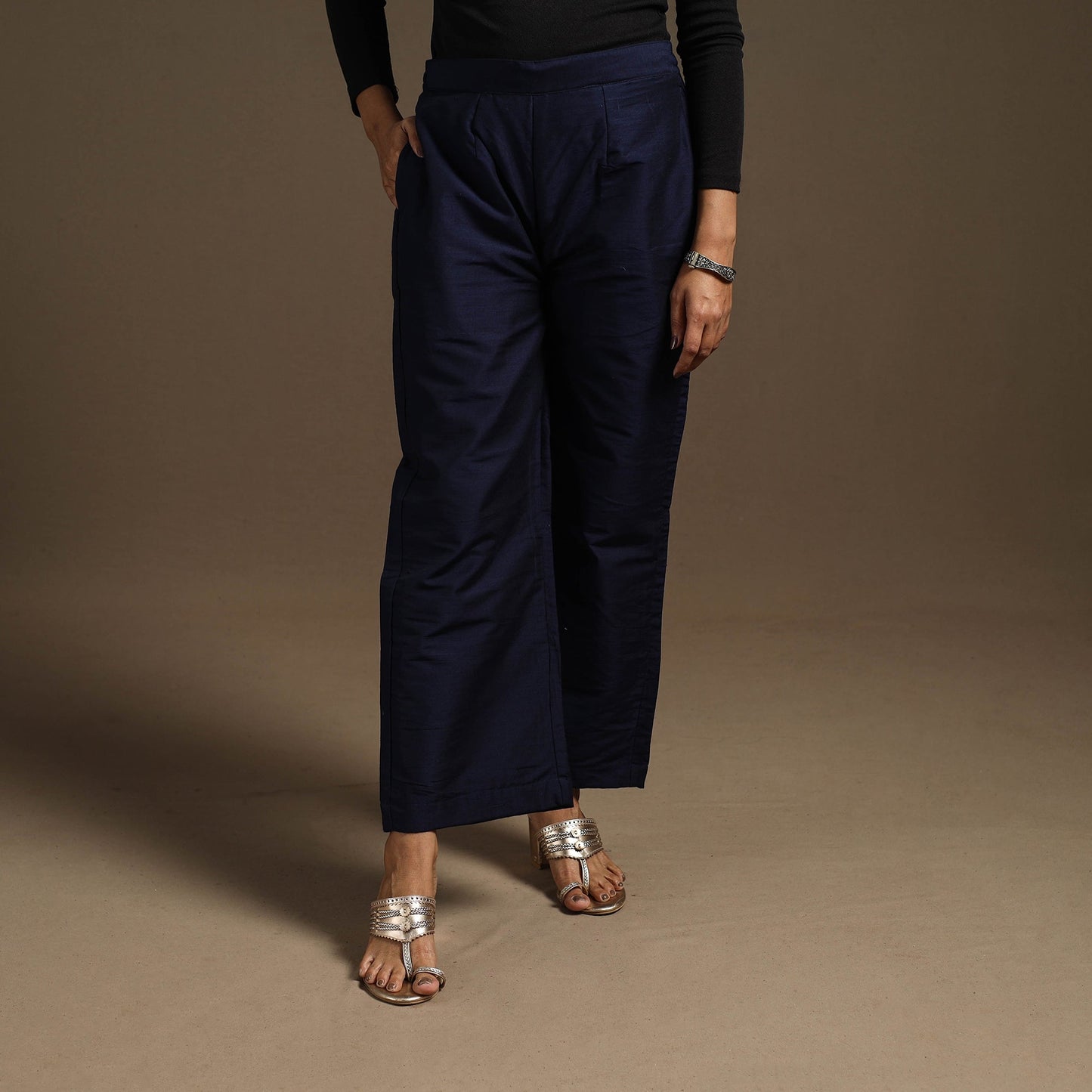 Blue - slub silk elasticated plain palazzo 08 - handcrafted