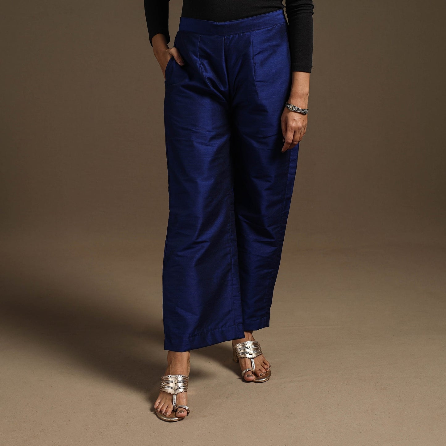 Blue - slub silk elasticated plain palazzo 09 - handcrafted