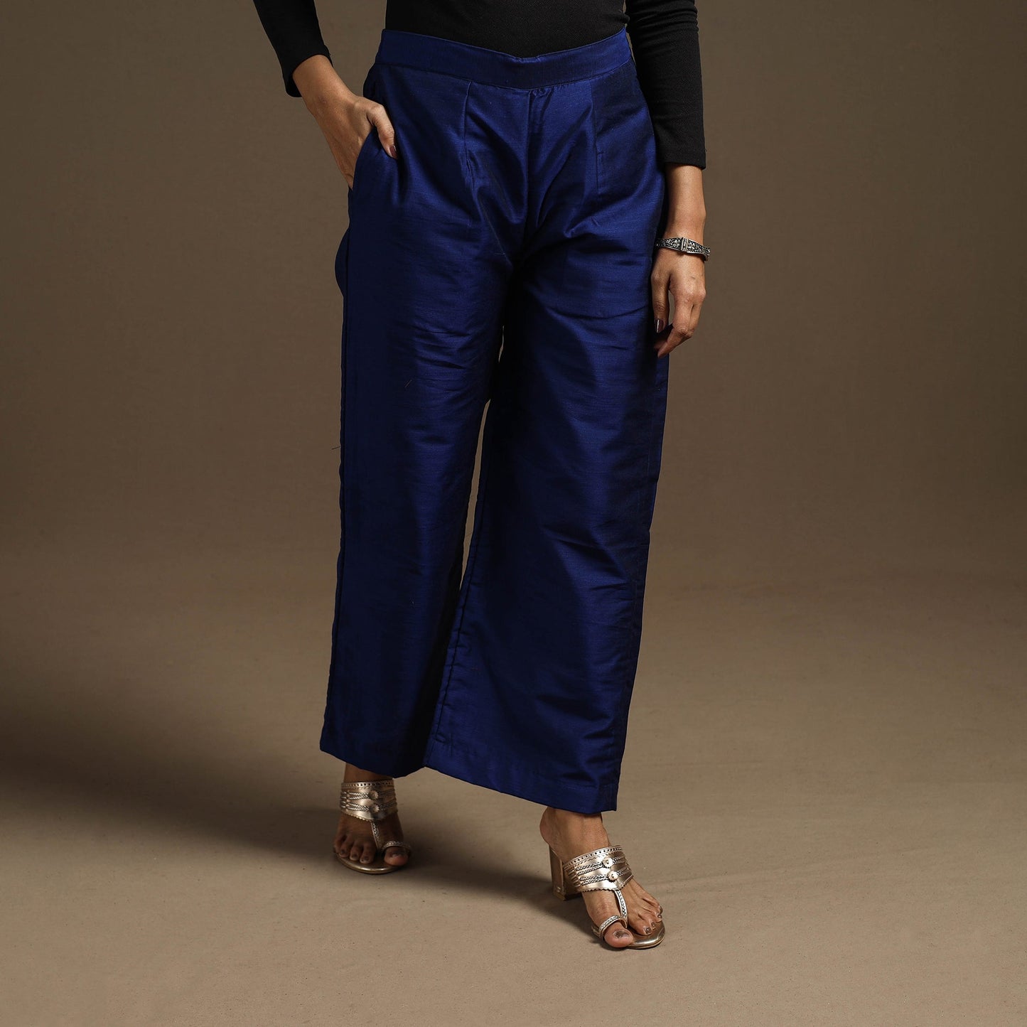 Blue - slub silk elasticated plain palazzo 09 - handcrafted