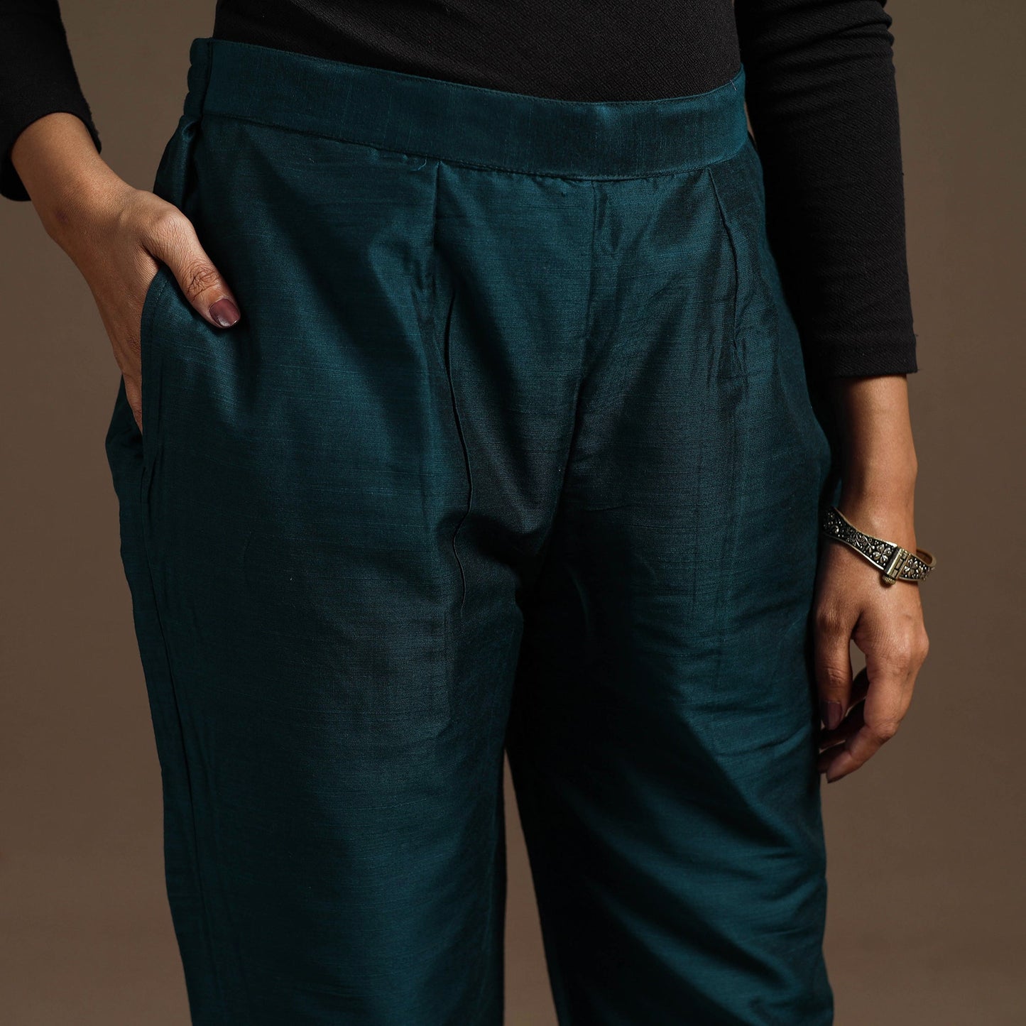 Blue - slub silk elasticated plain pant 05 - handcrafted