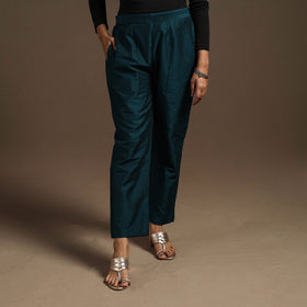 Blue - slub silk elasticated plain pant 05 - handcrafted