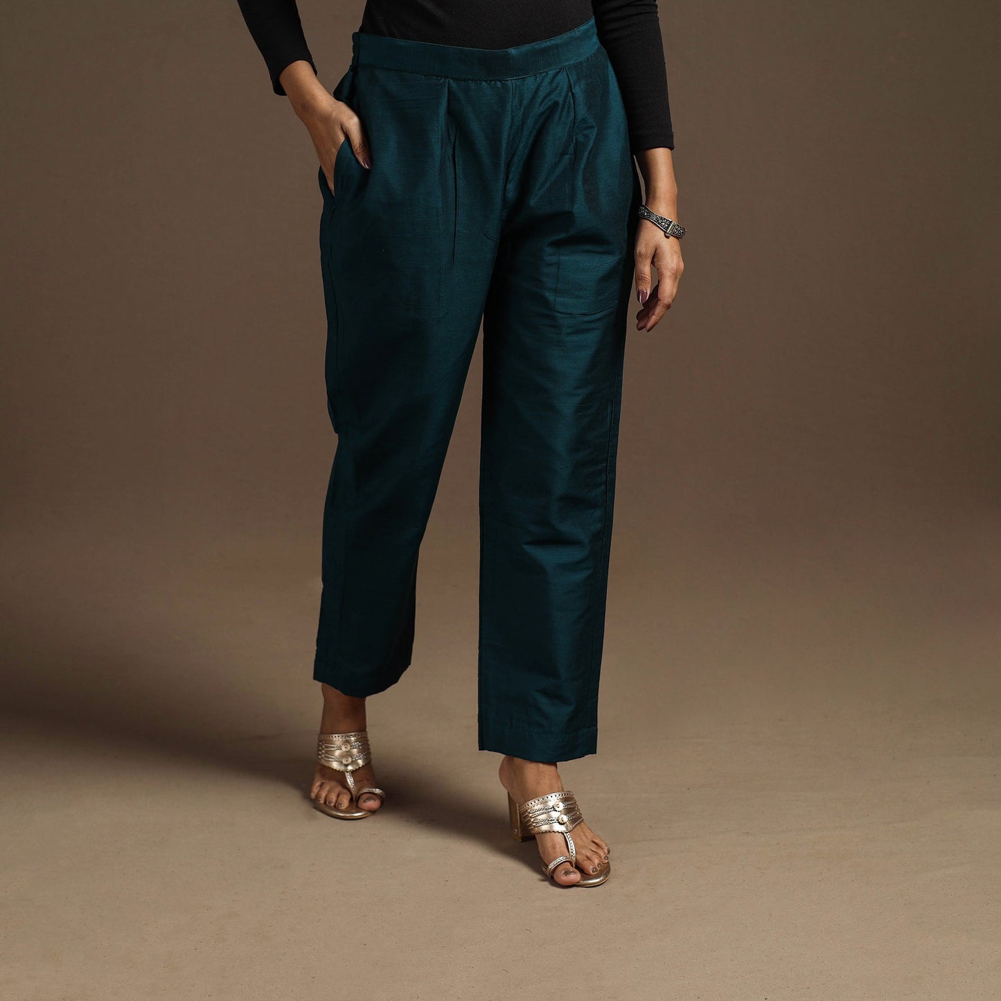 Blue - slub silk elasticated plain pant 05 - handcrafted