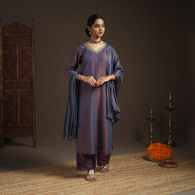 Blue - slub silk embroidered plain kurta set (set of 3) 05