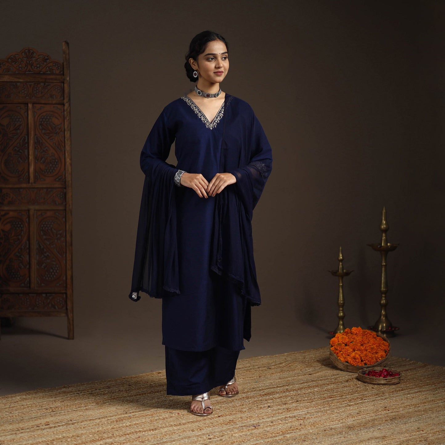 Blue - slub silk embroidered plain kurta set (set of 3) 12