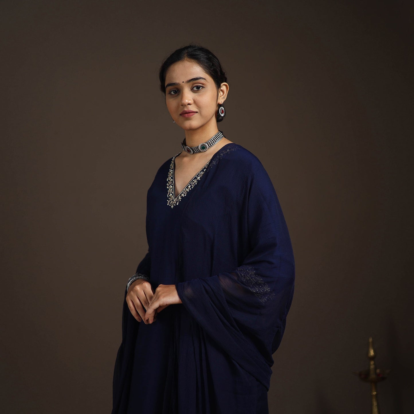 Blue - slub silk embroidered plain kurta set (set of 3) 12