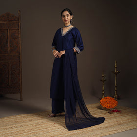 Blue - slub silk embroidered plain kurta set (set of 3) 12