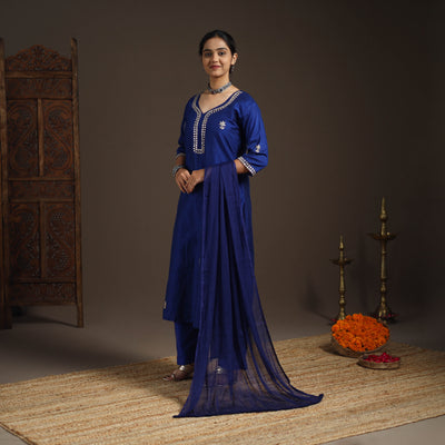 Blue - slub silk gota work plain kurta set (set of 3) 08