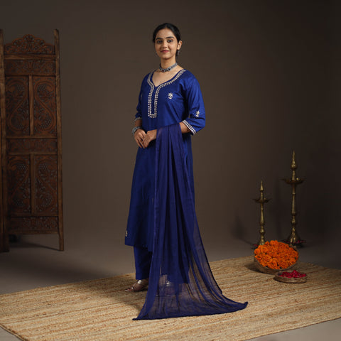 Blue - slub silk gota work plain kurta set (set of 3) 08