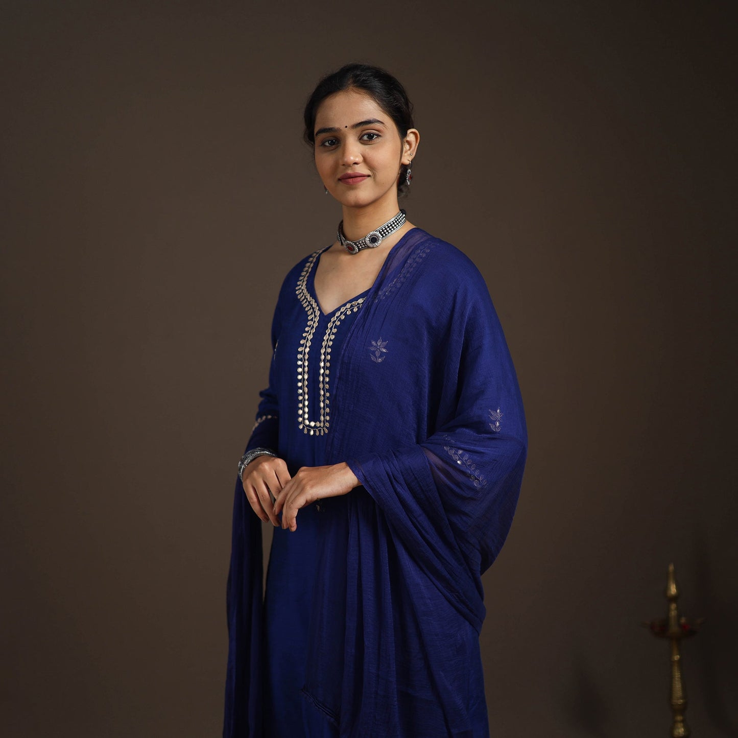 Blue - slub silk gota work plain kurta set (set of 3) 08