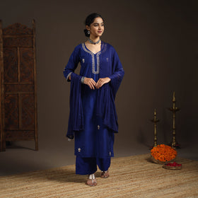 Blue - slub silk gota work plain kurta set (set of 3) 08