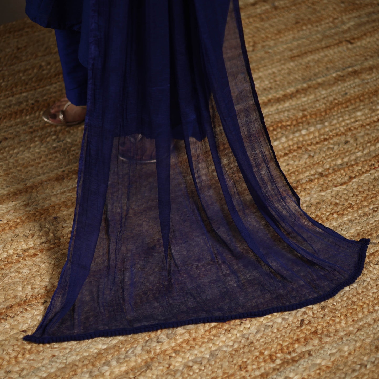 Blue - slub silk gota work plain kurta set (set of 3) 08