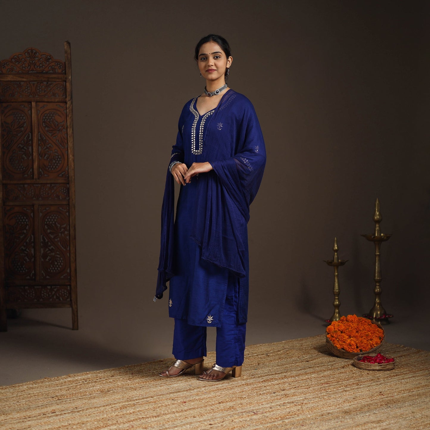 Blue - slub silk gota work plain kurta set (set of 3) 08