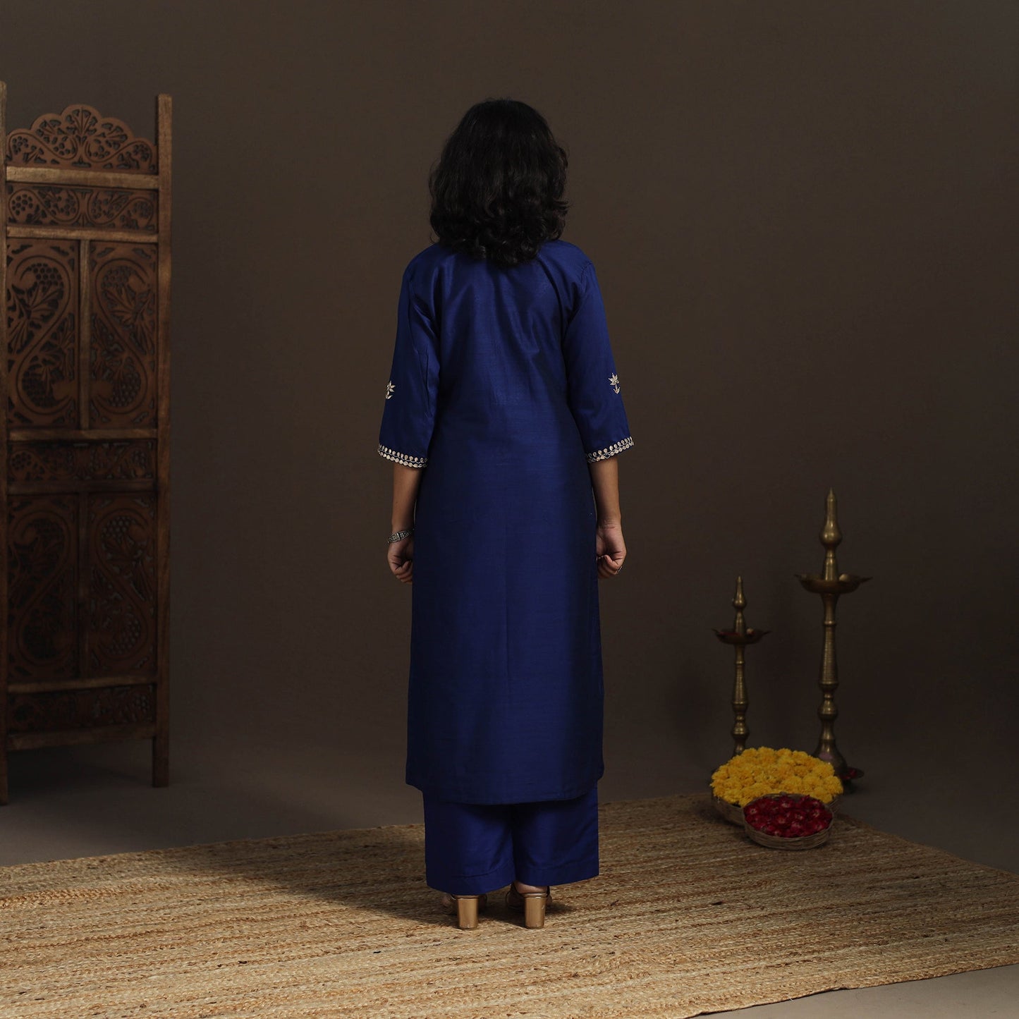 Blue - slub silk gota work straight plain kurta 08