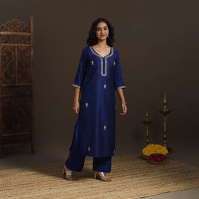 Blue - slub silk gota work straight plain kurta 08